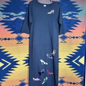 VTG 90’s Karla Marie Black Shoe Print Graphic Lounge Maxi Dress. USA. Small.